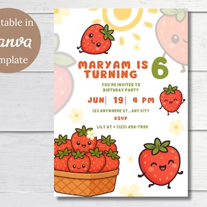 Kawaii Strawberry Birthday Invitation Editable Canva Template | Kawaii Cute Berry Party Invite for Kids | Summer Fruit Themed Digital Card