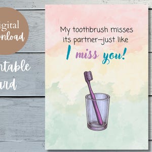 Tu me manques carte drôle, amour de couple brosse à dents, jolie carte d'interurbain imprimable, note d'amour originale, téléchargement numérique, carte drôle mignonne
