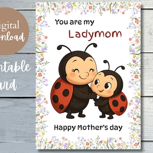 Carte coccinelle pour la fête des mères - maman et bébé mignons coccinelles - cadeau imprimable pour la fête des mères - vous êtes ma mère - carte de voeux à bordure florale