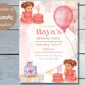 Invitación de cumpleaños para niña pequeña con diseño de pastel, invitación editable para el primer cumpleaños de niña, descarga instantánea.