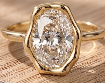 Verlobungsring mit ovalem Moissanit in massivem Gold, moderne Lünettenfassung, minimalistischer Solitärring, einzigartiges Brautschmuckstück, perfektes Hochzeitsgeschenk für Sie