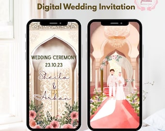 May include: Digital wedding invitation with a watercolor illustration of a couple in traditional Islamic clothing standing under an archway. The text reads "Wedding Ceremony 23.10.23 Sheila & Arkan".