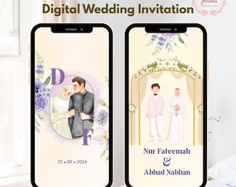 May include: Digital wedding invitation with a floral design. The invitation features a couple in traditional clothing standing under an archway. The text reads "Nur Fateemah & Abbad Nabhan" and "23.09.2024".