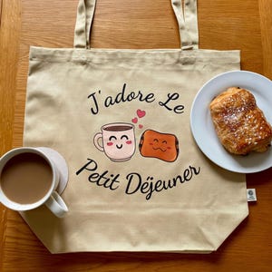 Cute French Quote Tote bag, Cute Coffee and Croissant Breakfast Tote bag, Kawaii Cartoon Croissant Tote, Cream Eco Cotton Tote Bag