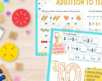 Addition 1-10 Kids Placemat: Math Facts, Maze, Color-by-Number