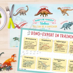 May include: A colorful educational chart for kids featuring different dinosaurs with their names, periods, diets, life spans, lengths, and weights. The chart has a blue, yellow, and green color scheme with a fun, cartoon-like style.