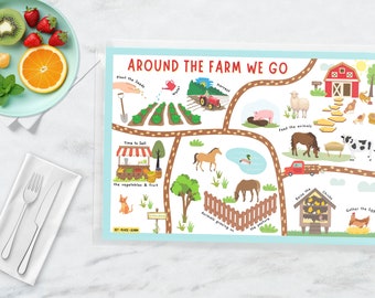 Kids Placemats- Around the Farm We Go- Interactive Double Sided Placemat- Preschool Placemat- Toddler Placemat