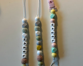 Set of 2: Breastfeeding, nursing necklace and pacifier clip, optional personalization.