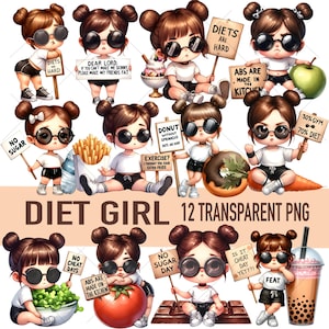 May include: A digital illustration featuring a collection of cartoon girls with sunglasses, each holding signs with diet-related phrases. The image includes text that reads "Diet Girl" and "12 Transparent PNG".