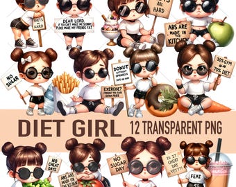 Funny Diet Girl PNG Transparent Clipart, Healthy Weight Loss Fitness Dieting Illustrations, Cute Watercolour Diet Quotes Digital Download