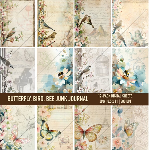 Butterfly, Bird, Bee Junk Journal Pages, Vintage Fantasy Watercolour Digital Kit, Digital Collage Sheet, Instant Download