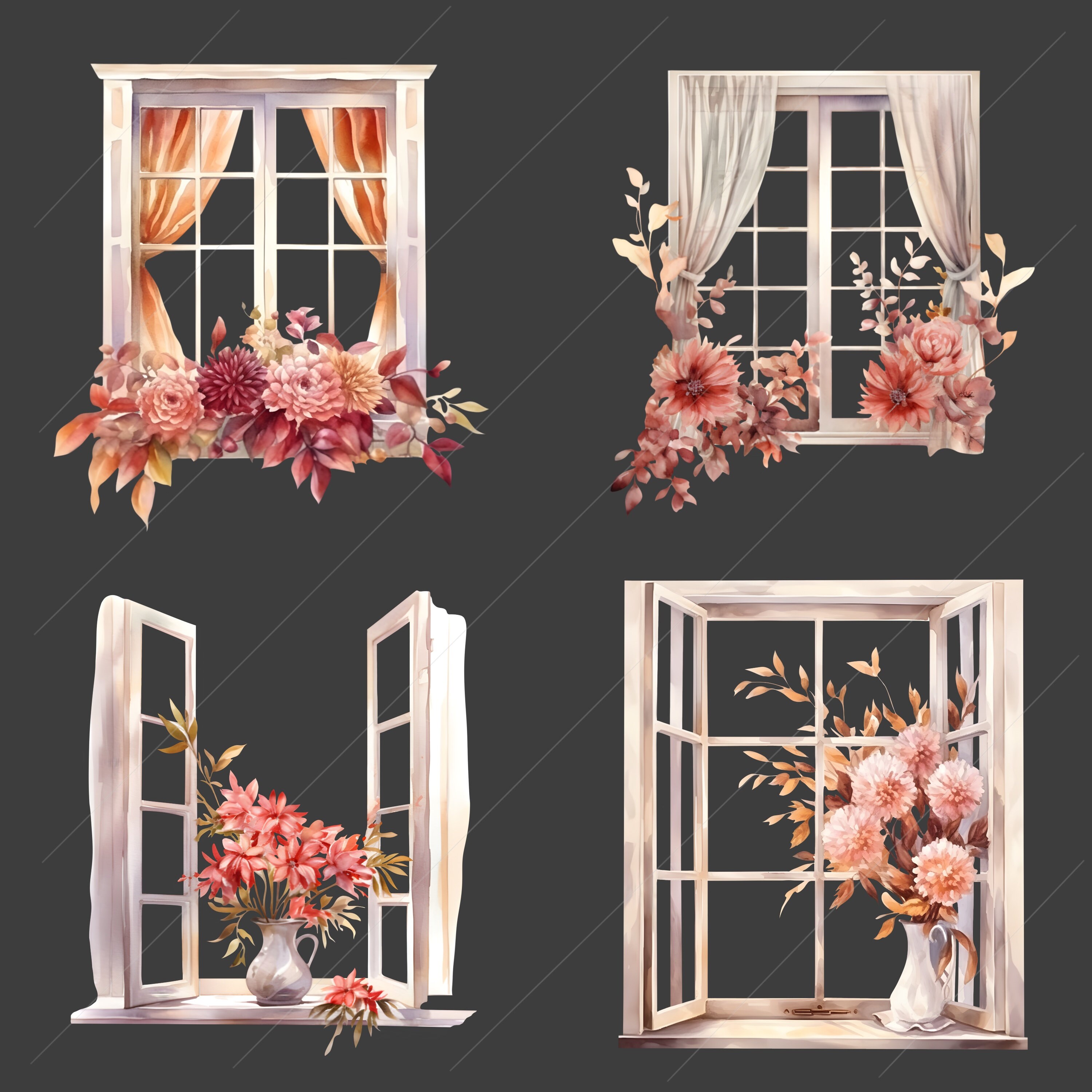 Floral Windows Watercolor Clipart Bundle, Transparent PNG, Flower ...