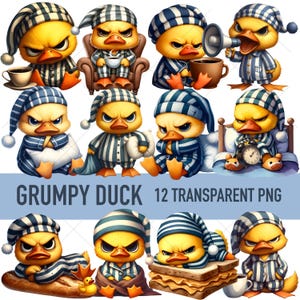 Grumpy Yellow Duck PNG Clipart, Grouchy Cute Funny Striped Pyjamas Coffee Duck, Cartoon Animal, Transparent Digital Download, Commercial Use