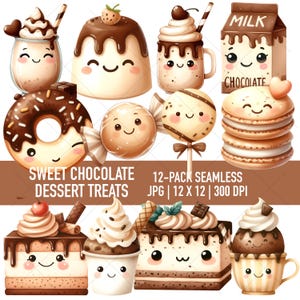 Słodkie desery czekoladowe Clipart PNG Bundle, słodkie smakołyki Kawaii Smiling Face, ciasto, lody, pączki z lodami, przezroczysta ilustracja PNG