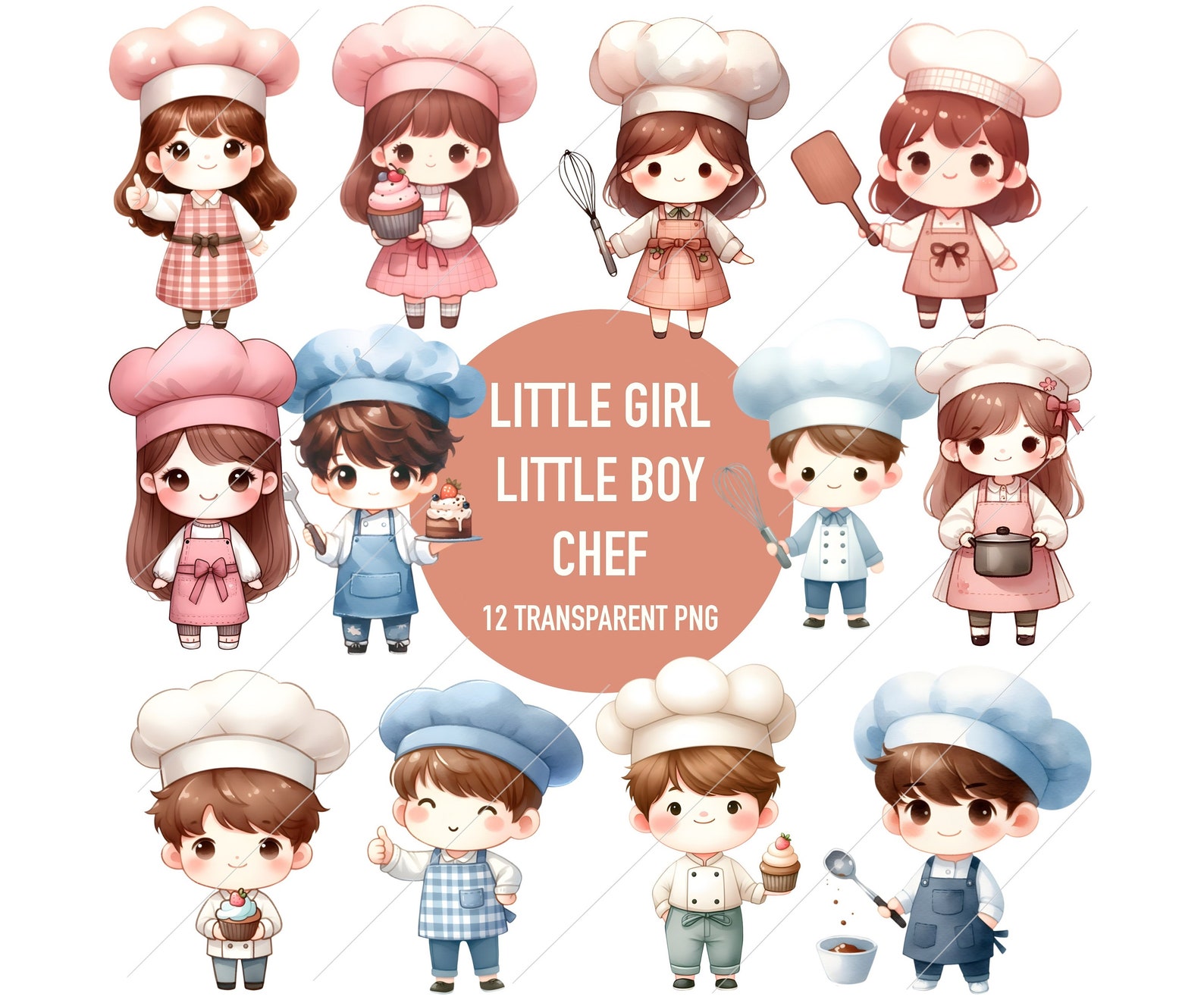 Cute Little Chef Clipart Bundle, Baking Girl Boy Watercolor Transparent ...