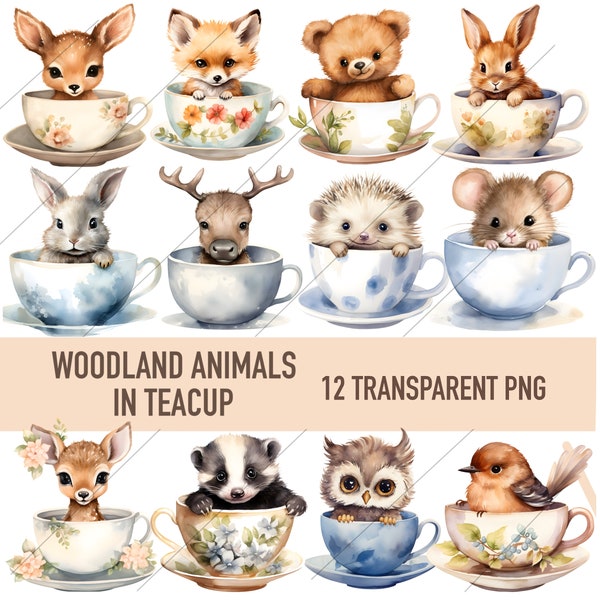 Woodland Animal Teacup Clipart Bundle, Baby Animals Transparent PNG, Digital Download, Paper craft, Junk Journal Scrapbook Commercial