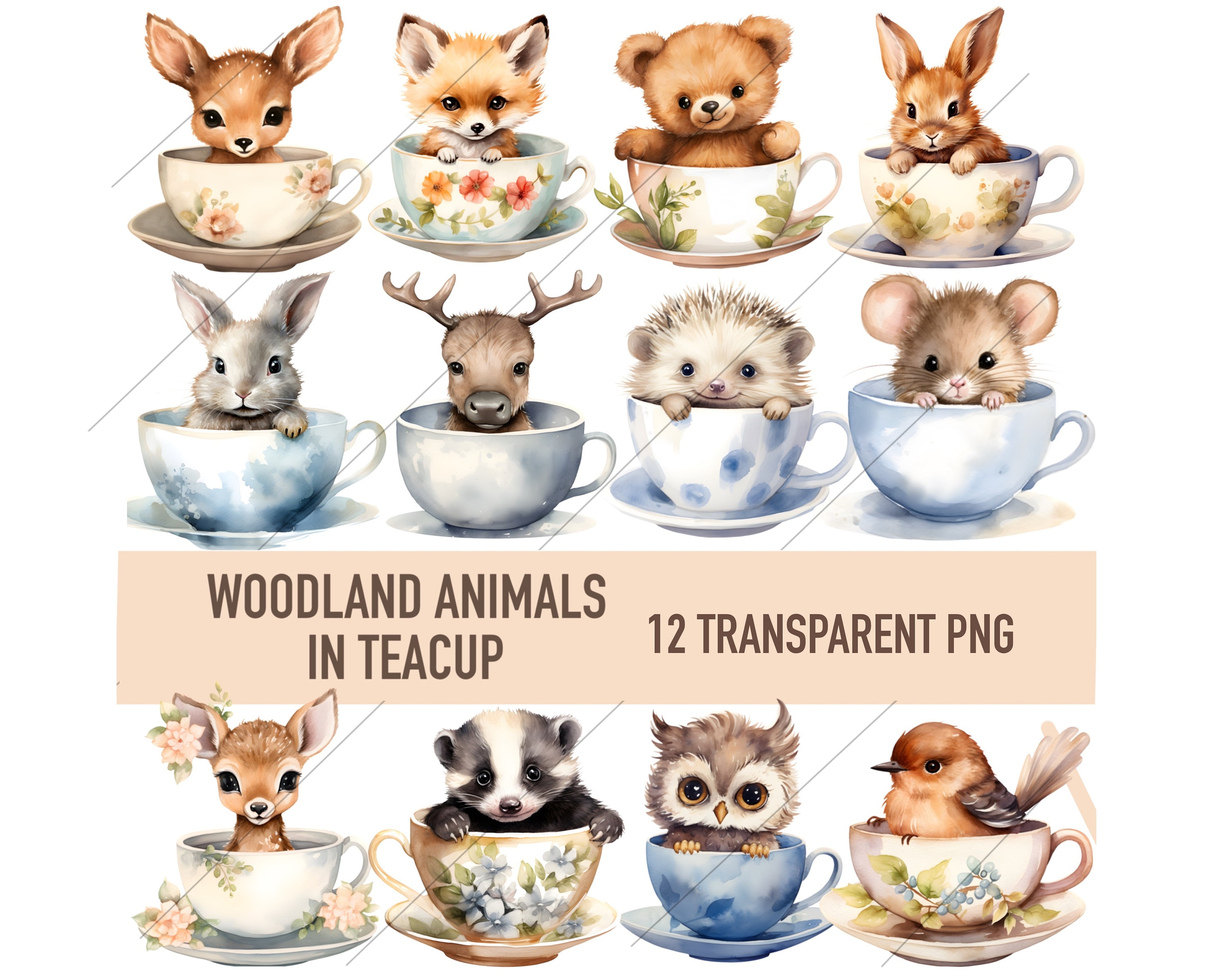 Woodland Animal Teacup Clipart Bundle, Shabby Chic Baby Animals Transparent PNG, Digital Download, Paper craft, Junk Journal Scrapbook