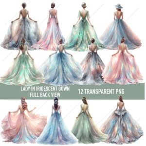 以下が含まれることがあります： 虹色のガウンを着た女性のデジタルイラストが12点。ピンク、ブルー、グリーンなど、さまざまな色があります。ガウンはすべてフルレングスで、流れるような、幻想的な外観をしています。女性はすべて、背を向けてカメラに向かって立っています。イラストは水彩画風で、柔らかく、ぼかした色合いです。画像の下部には、「Lady in Iridescent Gown Full Back View」と「12 Transparent PNG」というテキストがあります。