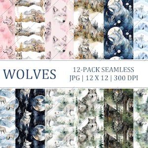 May include: A digital download of 12 seamless patterns featuring watercolor illustrations of wolves in various settings. The patterns are 12 inches by 12 inches and 300 DPI. The text "WOLVES 12-PACK SEAMLESS JPG | 12 X 12 | 300 DPI" is displayed on a white background.