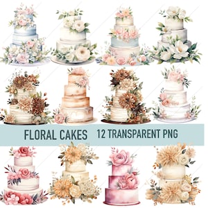 Puede incluir: Doce ilustraciones de pasteles de varios pisos decorados con flores. Los pasteles presentan varios arreglos florales en tonos rosa, blanco y marrón. El texto "FLORAL CAKES 12 TRANSPARENT PNG" se muestra en una pancarta azul.