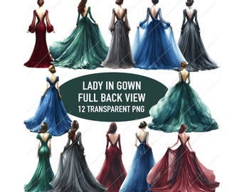 Ladies Back View Clipart #2, Woman Full Body Side Look, Young Girl Watercolor Beautiful Elegant Gown Watercolor Illustration Commercial Use