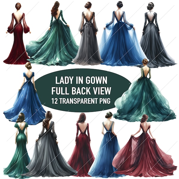 Ladies Back View Clipart #2, Woman Full Body Side Look, Young Girl Watercolor Beautiful Elegant Gown Watercolor Illustration Commercial Use