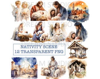 Könnte beinhalten: Ein Set mit 12 Aquarell-Illustrationen, die die Weihnachtsgeschichte darstellen. Die Illustrationen zeigen Engel, Hirten, die Heilige Familie und Tiere. Die Illustrationen sind im traditionellen Stil gehalten und eignen sich perfekt für die Verwendung in Weihnachtsbastelarbeiten und Dekorationen.