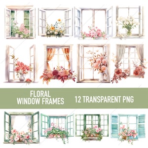 Bloemen ramen aquarel clipartbundel, transparante png, bloem raam clipart, papier craft, junk journal plakboek commercial