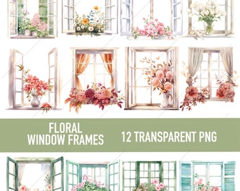 Floral Windows Watercolor Clipart Bundle, Transparent PNG, Flower Window Clipart, Paper craft, Junk Journal Scrapbook Commercial