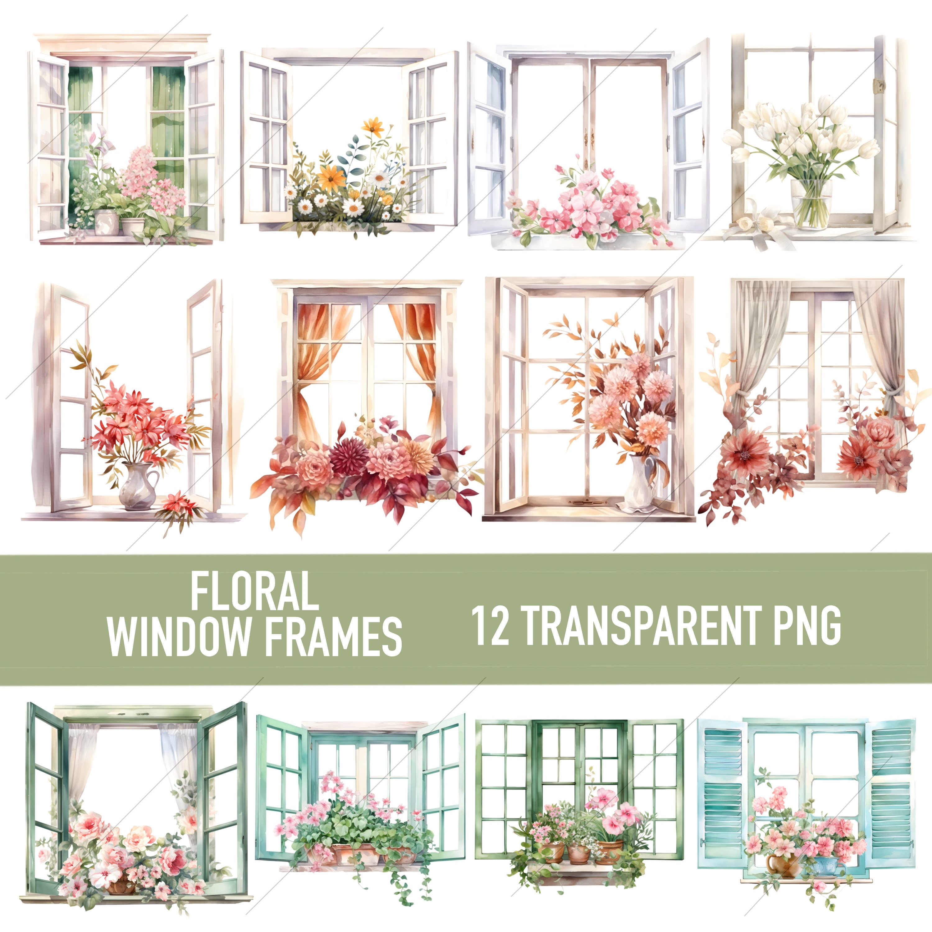 Floral Windows Watercolor Clipart Bundle, Transparent PNG, Flower ...