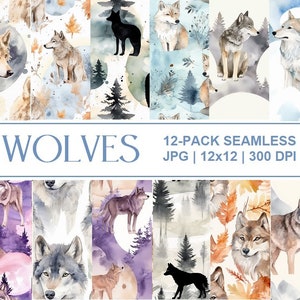 Wolves Seamless Digital Pattern Set #1 - Wolves Printable Designs - Wolves Background - 12 Designs - 12x12in - Commercial Use - Sublimation
