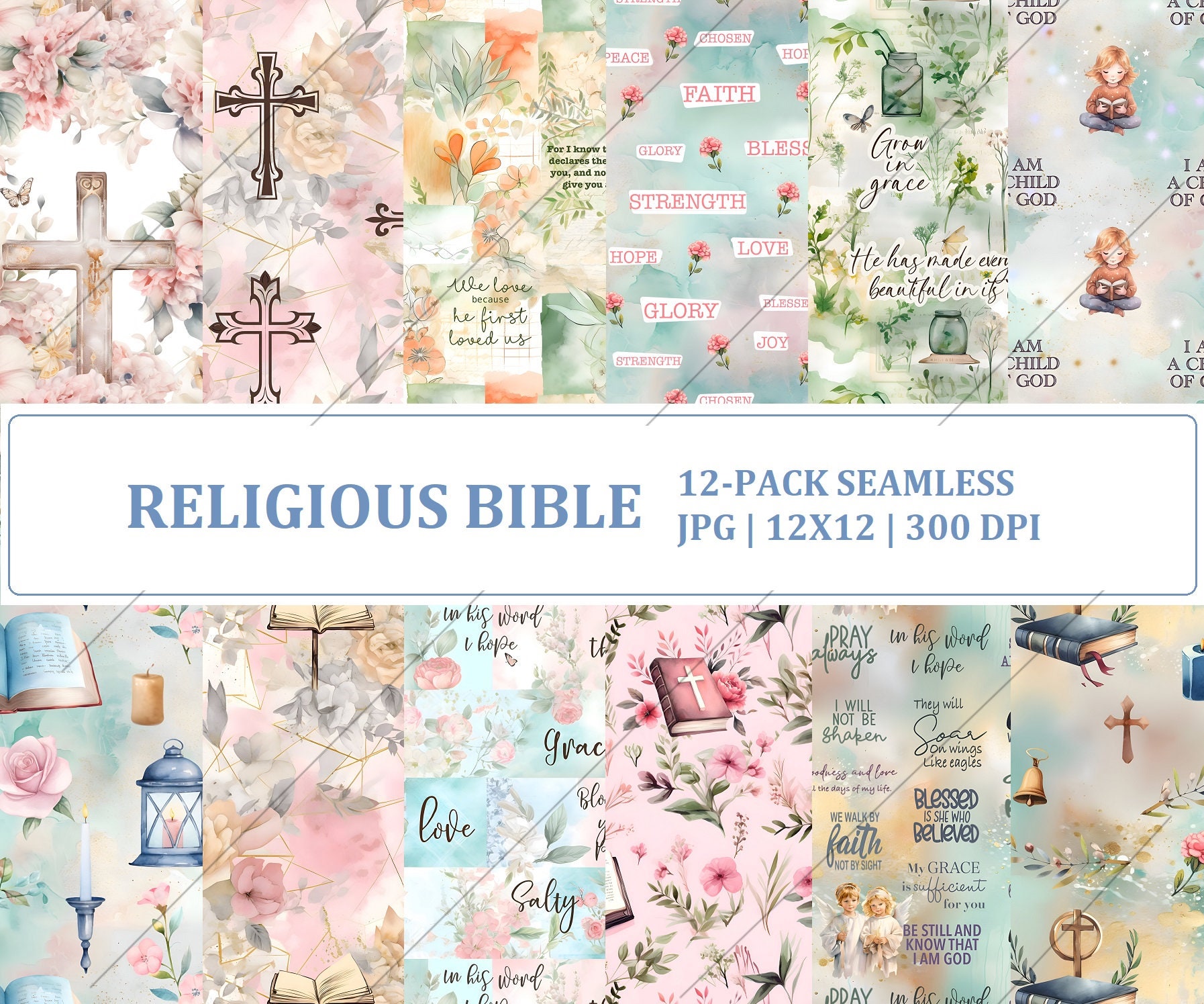 Ensemble de papier numérique religieux #3 - papier de scrapbooking foi chrétienne - papier à motifs sur le thème de la Bible - 12 modèles - sans couture - usage Commercial