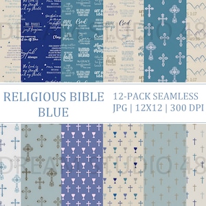 Papel digital religioso en azul verdoso. Papel para álbum de recortes con motivos cristianos. Papel con estampados de temática bíblica. Sin costuras. Uso comercial.
