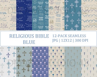 Ensemble de papier numérique religieux bleu sarcelle - papier de scrapbooking foi chrétienne - papier à motifs sur le thème de la Bible - sans couture - usage Commercial