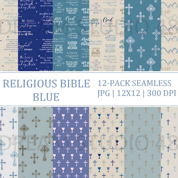 Religiöses Digitales Papier Set Blau - Christliches Glaube Scrapbook Papier - Bibel Themed Papier - Nahtlos - Kommerzielle Nutzung