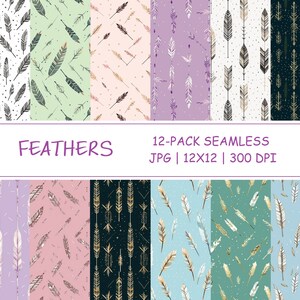 Peut inclure: Douze motifs de papier numérique sans couture représentant des plumes et des flèches dans différentes couleurs, notamment le noir, le blanc, l'or, le rose, le vert, le bleu et le violet. Les motifs mesurent 12x12 pouces et 300 DPI.