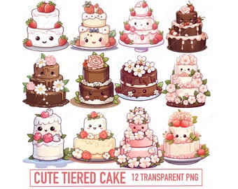 Cute Cake Clipart Bundle, Sweet Kawaii Tiered Cake, Birthday Wedding Cake, Transparent PNG Smiling Face Cake Clipart Illustration Commercial