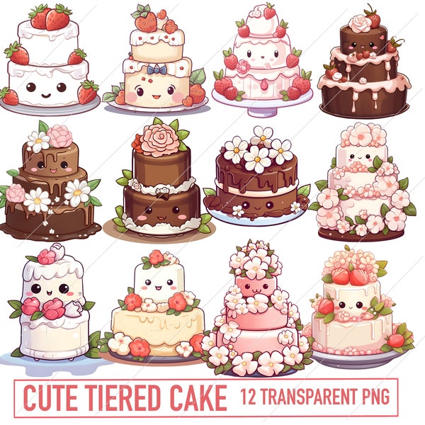 Cute Cake Clipart Bundle, Sweet Kawaii Tiered Cake, Birthday Wedding Cake, Transparent PNG Smiling Face Cake Clipart Illustration Commercial