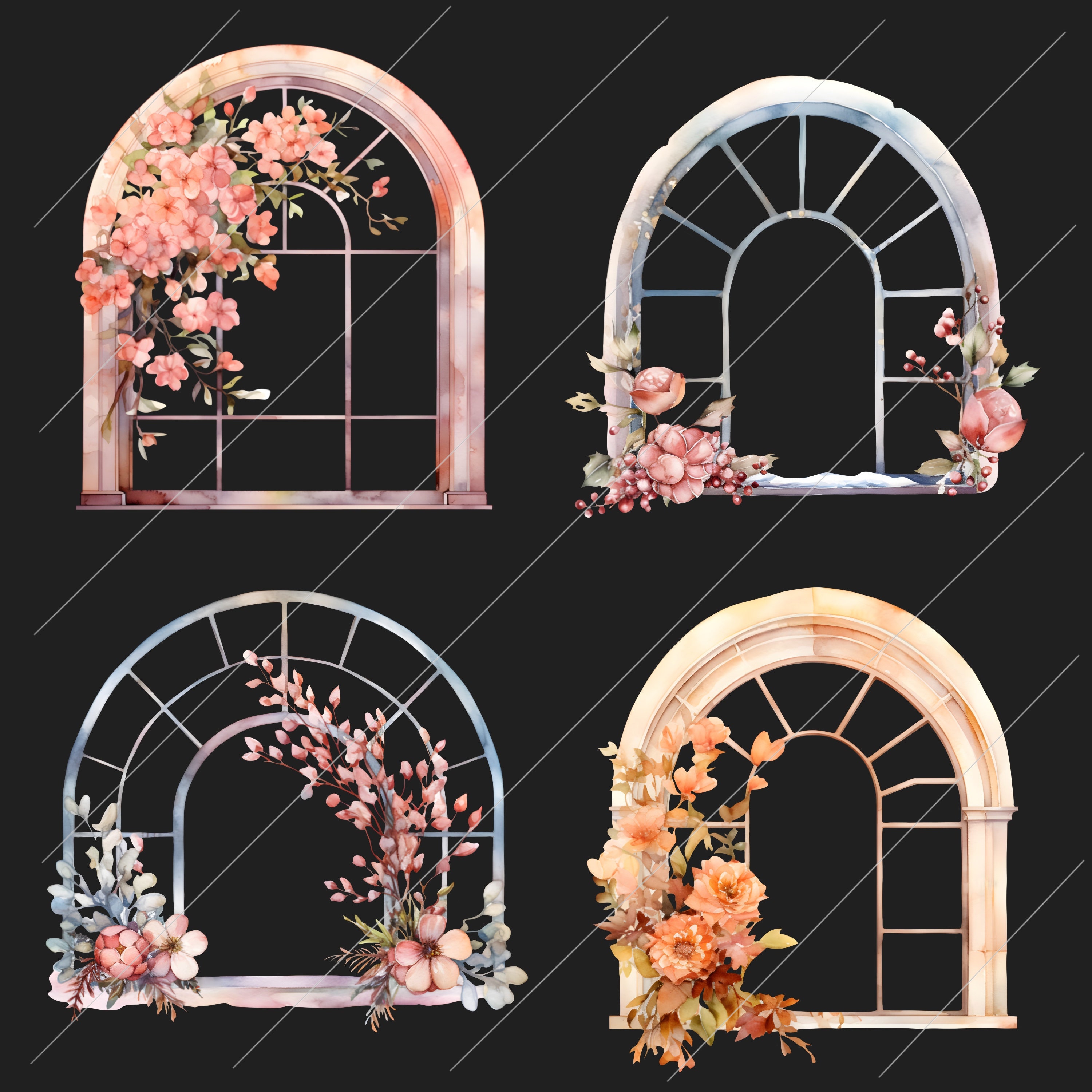 Floral Arched Windows Watercolor Clipart Bundle, Transparent PNG ...
