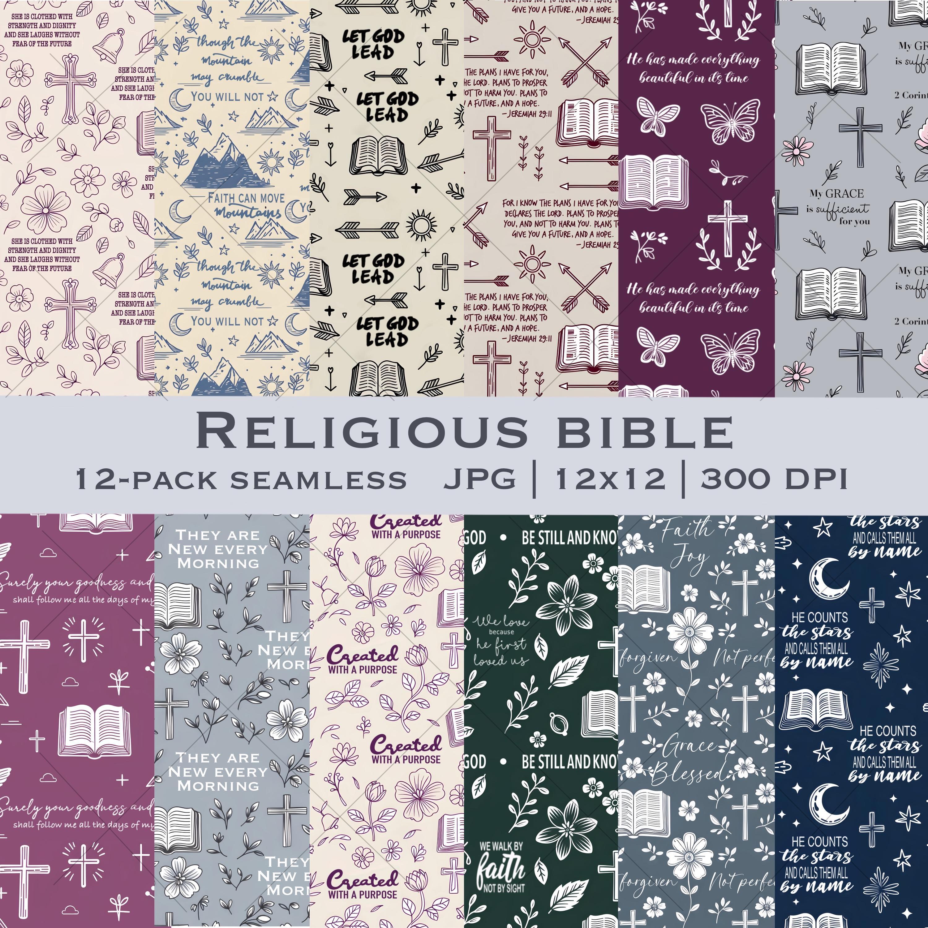 Religious Quotes Seamless Repeated Patterns - Christian Faith Scrapbook Paper - Bible Themed Patterned Paper - Line Drawing - Commercial Use