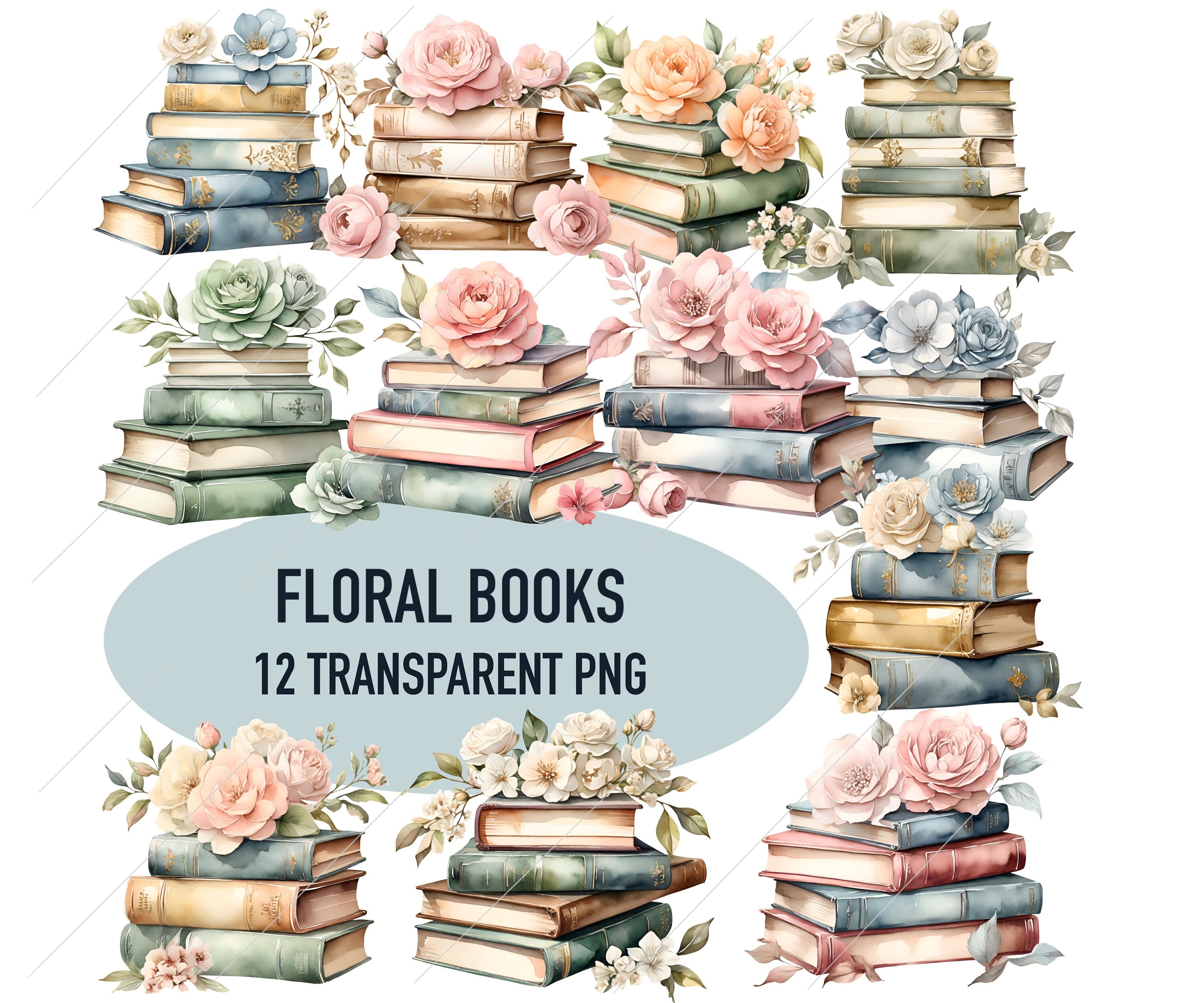 Vintage Floral Books Clipart, Printable Watercolor Flower Books Clipart ...