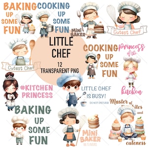 Op de afbeelding: Een verzameling van 12 transparante PNG-afbeeldingen met cartoonkoks en tekst met een bakthema. De afbeeldingen bevatten zinnen als "Little Chef", "Baking Up Some Fun" en "Cutest Chef", met illustraties van taarten, cupcakes en kookgerei.