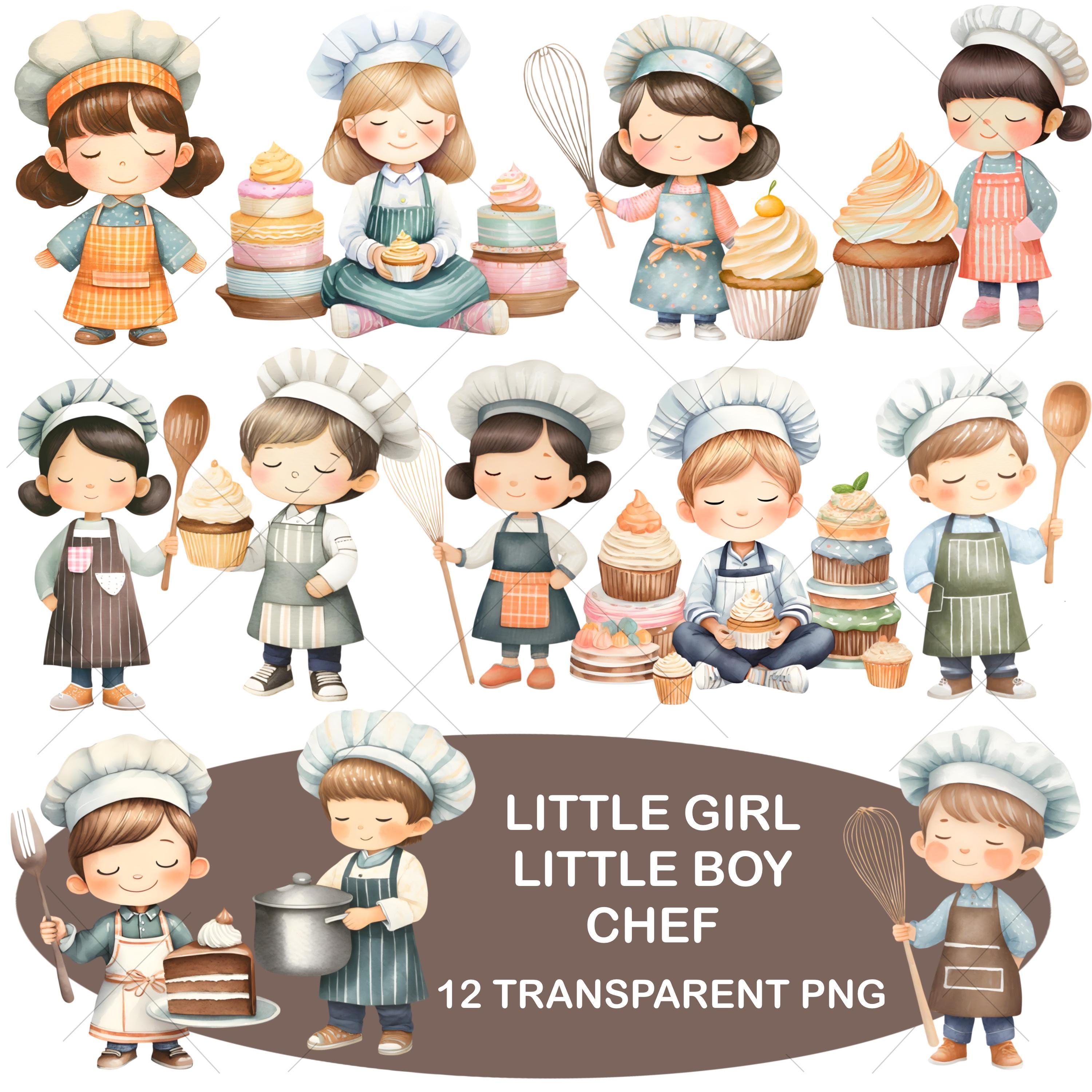Cute Little Chef Clipart Bundle, Baker Girl Boy Watercolor Transparent PNG, Little Children Cook, Baking Cupcake, Scrapbook, Junk Journal #2