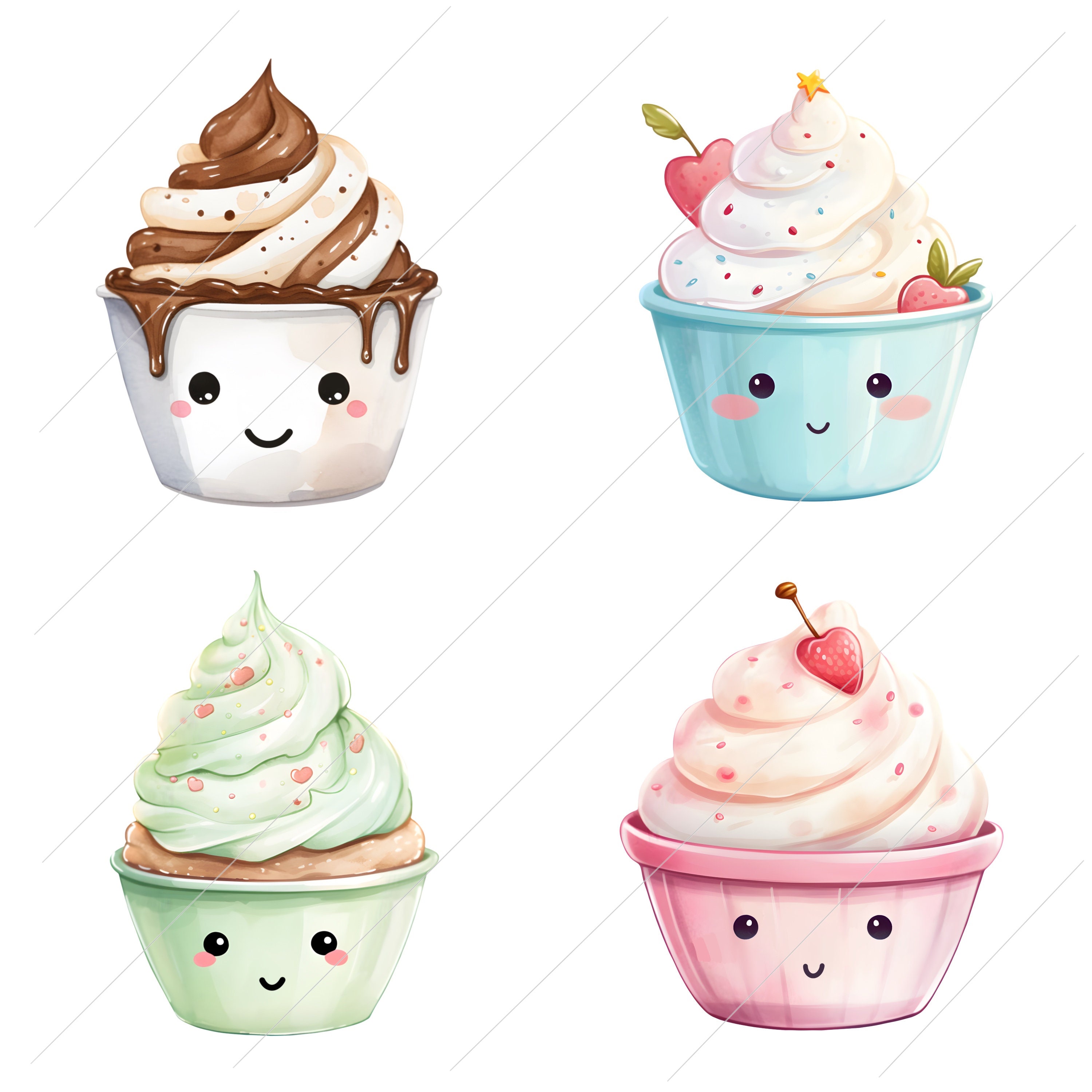 Cute Desserts Clipart PNG Bundle, Sweet Kawaii Smiling Face Treats