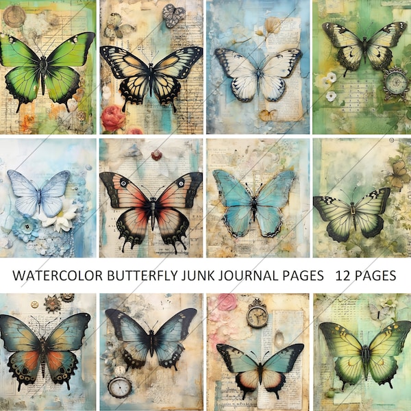 Butterfly Junk Journal Pages, Vintage Watercolour Butterfly Junk Journal Kit, Junk Journal Paper, Digital Collage Sheet, Instant Download