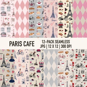 Parijs naadloze herhalingspatroonontwerpen, Frankrijk thema Eiffeltoren Cafe gebak afdrukbare digitals, roze en beige papier, commercieel gebruik
