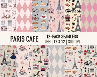 Peut inclure: Un ensemble de 12 motifs numériques sans couture sur le thème des cafés parisiens et de la vie urbaine. Les motifs comprennent des images de la tour Eiffel, de vélos, de croissants, de tasses à café et plus encore. Les motifs sont dans une variété de couleurs, y compris le rose, le gris et le beige.
