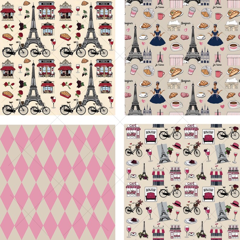Paris Seamless Repeat Pattern Designs, France Themed Eiffel Tower Cafe ...