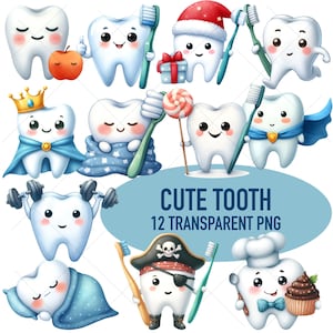 May include: A set of 12 cartoon tooth illustrations in various poses and outfits. The teeth are white with blue, red, and yellow accents. The illustrations are in PNG format and are suitable for use in digital projects.