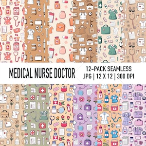 Medisch verpleegkundige arts gezondheidszorg naadloze digitale ontwerpen, aquarel afdrukbaar papier, retro herhaalpatronen, commercieel gebruik, set 2